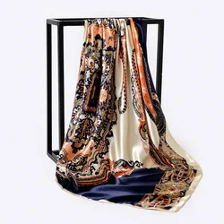 90cm Square Shawls Women Hijab Scarf For Hair Fashion Print Kerchief Neck Scarves Female Silk Satin Bag Scarfs For Ladies Banada