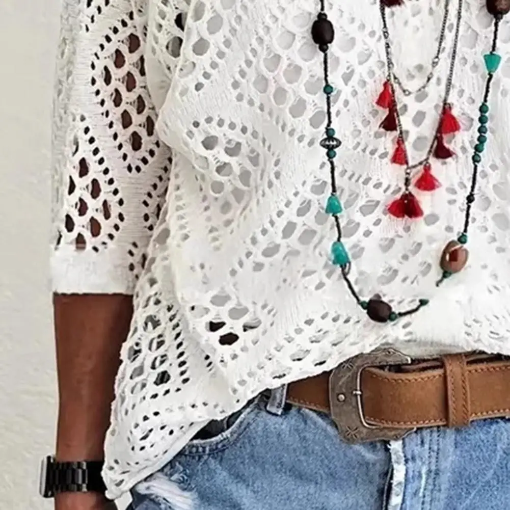 

Hollow Out Crochet Top Women Summer V Neck Half Sleeve Loose Fit Bohemian Knitting Tops Casual