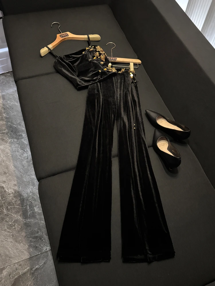 

Ele Embroidered Slim Fit Top And Long Pants Set New Chinese Sle Sexy Early Autumn Winter High End National Trend WY64