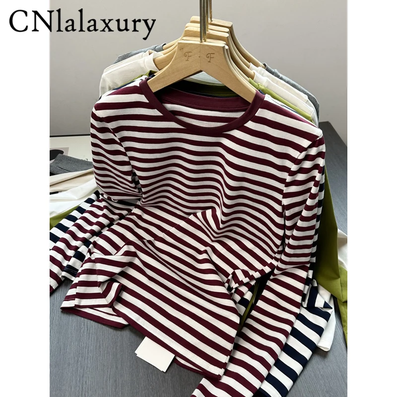 CNlalaxury Stripe Tshirt Women 2024 Autumn Casual Pullovers Female  Long-sleeved Round Neck T shirt Tops