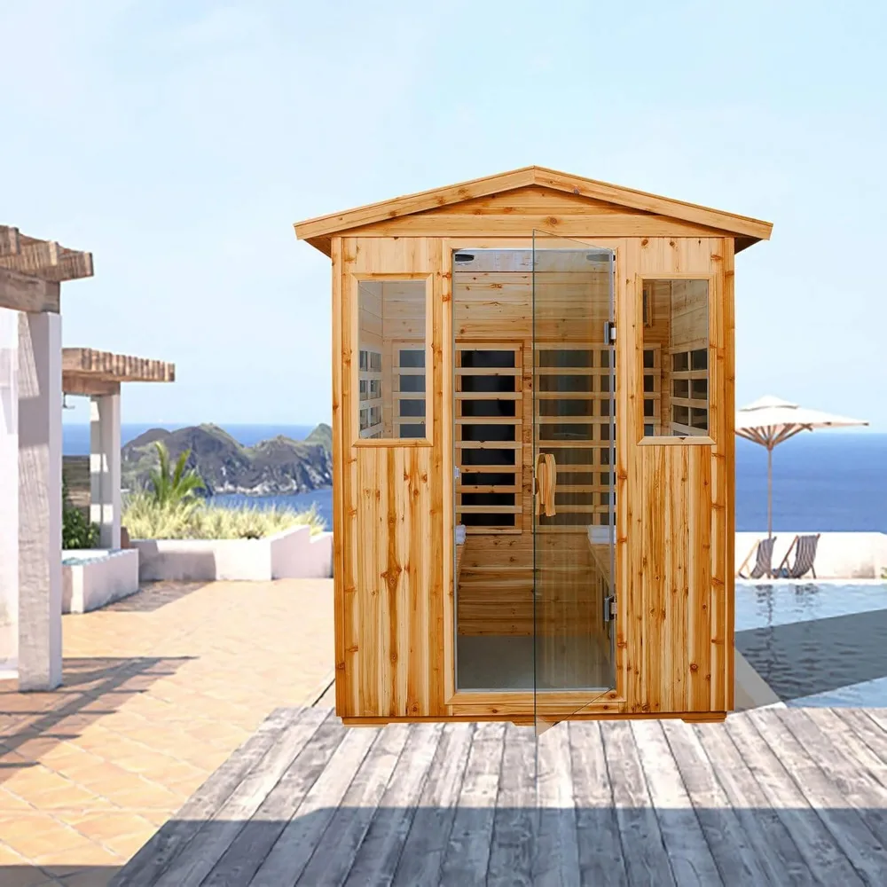 Far Infrared Wooden Sauna Room, 4 Person Outdoor Size with 2050W, 8 Low EMF Heaters, 2 Bluetooth Speakers, 2 LED Reading Lamp an