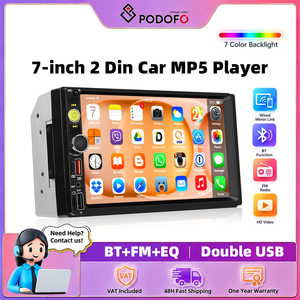 Autoradio Podofo 7" 2Din con Mirror Link, Lettore Mp5 Universale per Auto, Schermo Touch HD, Sistemi di Guida Intelligenti, Supporto per Connessione Telecamera Posteriore