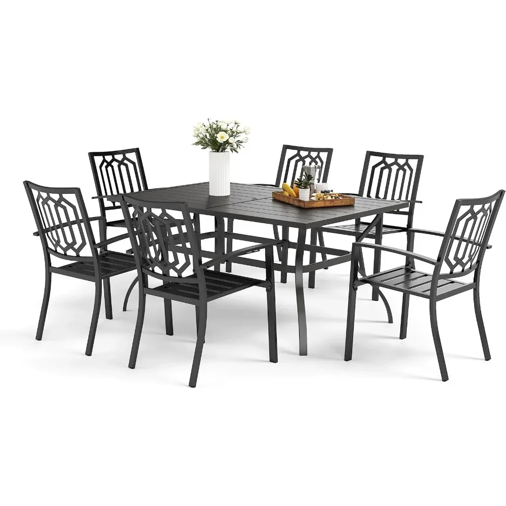 

Camping Equipment 7 Piece Outdoor Dining Table Sets 6 Stackable Metal Chairs and 1 Large Rectangle Table Black Steel Slat Frame