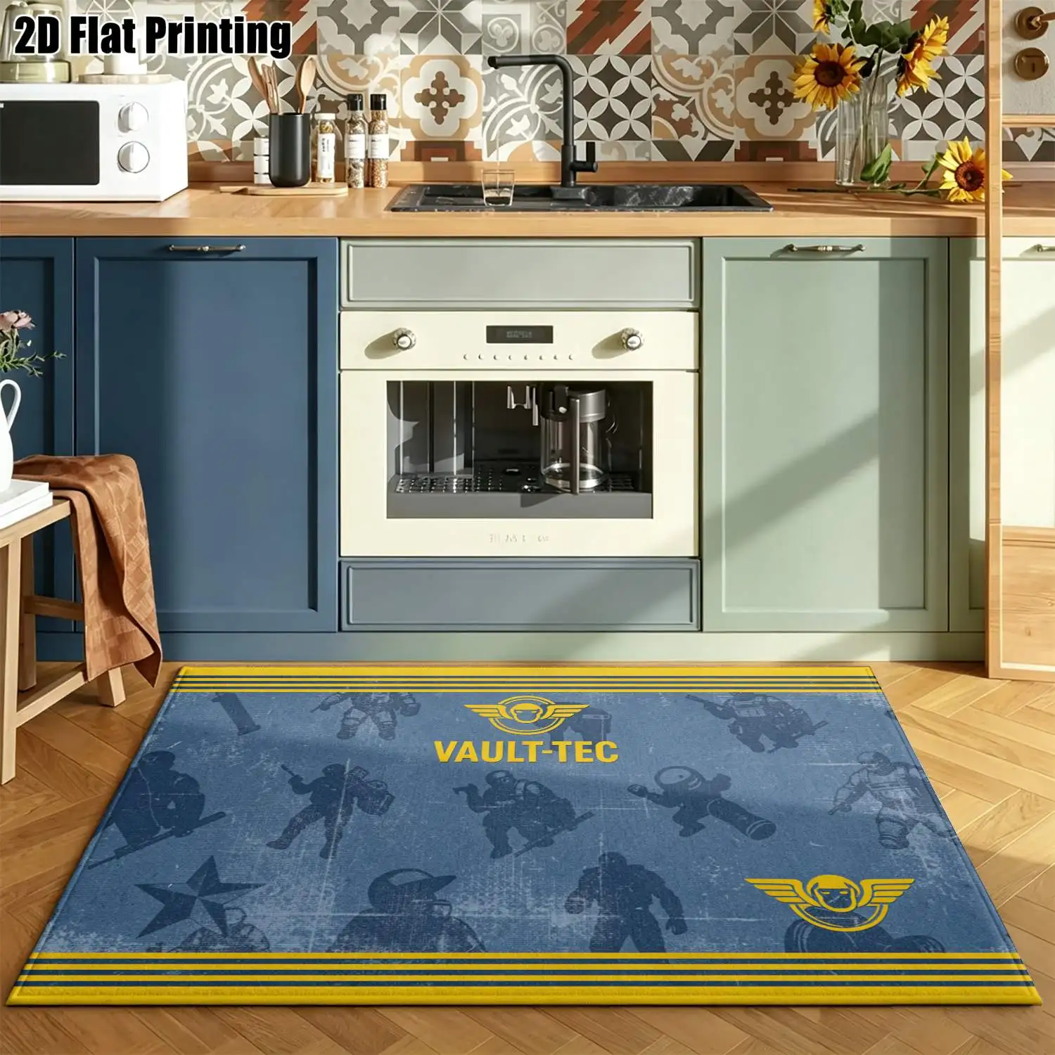 1Pc 2D Printed Retro Blue-Yellow Letter Pattern Carpets: Nordic, Modern Minimalist, European Geometric Striped Styles, Home Decor, Multi-Size, Machine Washable, for Entrance/Dining Room/Foyer/Living Room/Bedroom