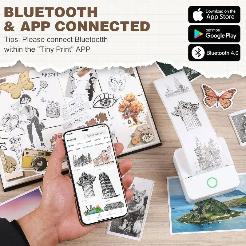 Thermische miniprinter, draagbare inktloze stickermaker, Bluetooth gratis gesneden kleine zakprinter voor kinderen DIY 57 mm fotoprint