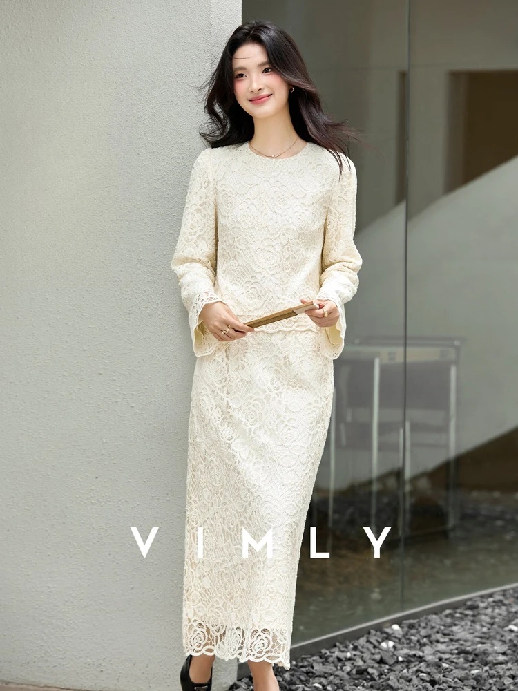 

VIMLY женский элегантный комплект из двух предметов с кружевной вышивкой, осень 2022, топ макси с длинными рукавами и круглым вырезом, роскошная повседневная одежда A3003