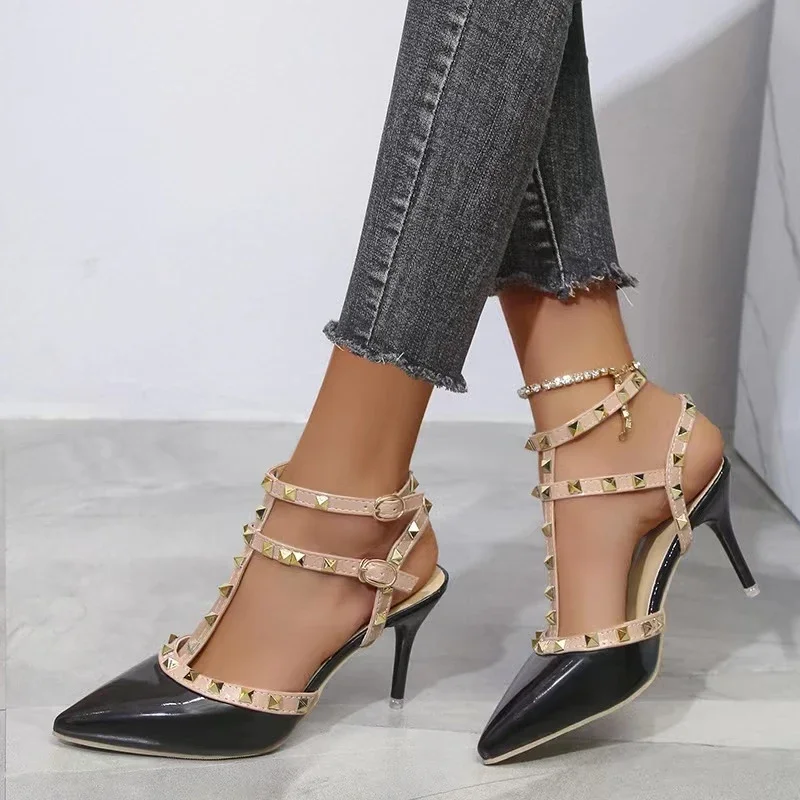 Shoes Sandals for Girls Heels Fashion Women's 2024 Mules Pointed Toe Stilito Heel Rivet Replica on Promotion Pole Dance New Rock