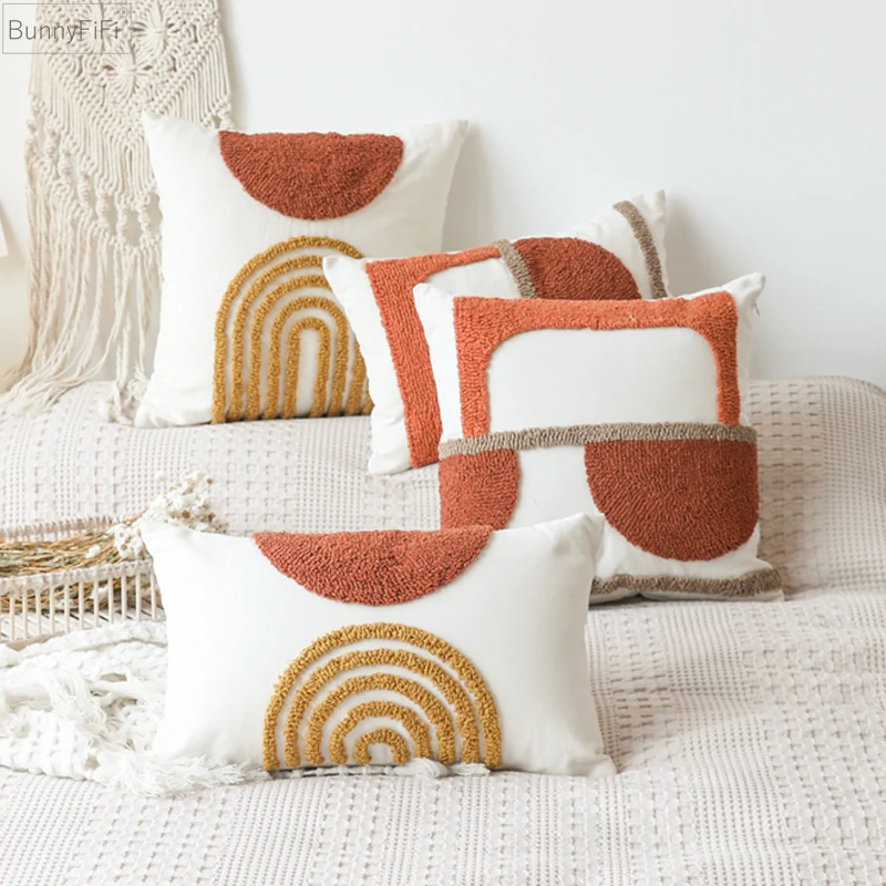 Circle Cushion cover 45x45cm/30x50cm Burnt Half Orange Pillow Cover Gematric Tufted for Living Room Sofa Couch Bedroom Bed Chair