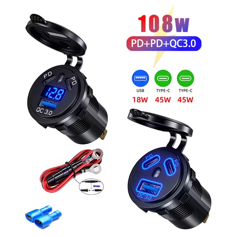 

12V/24V USB Outlet 108W 3 Ports Car Charger Socket Dual 45W PD Type C & 18W QC 3.0 Motorcycle Socket Power Outlet Charge Adapter