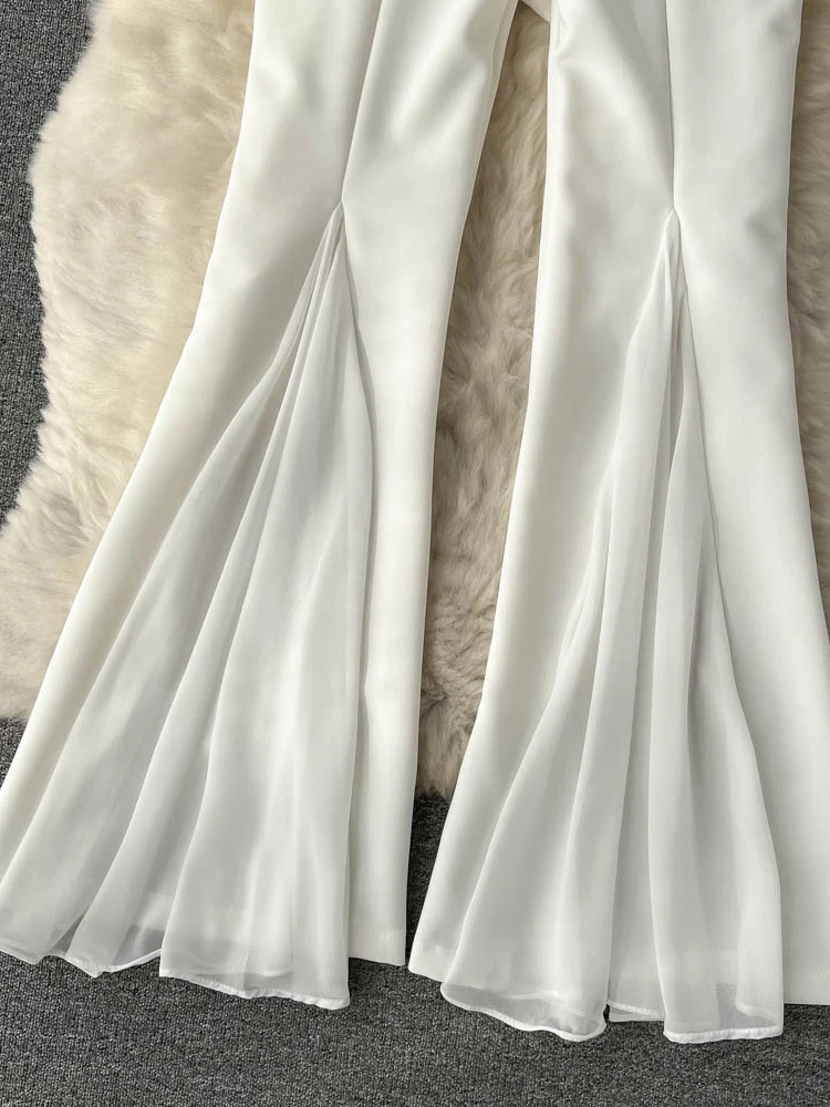 Outono mulheres malha retalhos irregulares alargamento calças femininas elegante cintura alta estilo rua calças nova moda