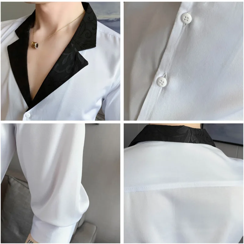 2022 Jacquard Stitching Shirts For Men Half Sleeve Slim Casual Shirt Social Party Tuxedo Chemise Homme Streetwear Men Clothing