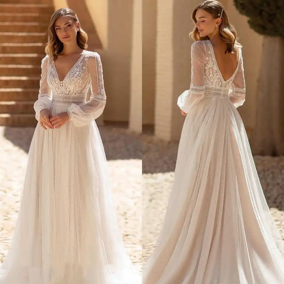 Abiti da sposa vintage a-line per le donne Appliques in pizzo con scollo a V abito da sposa manica lunga Sweep Train Vestido De Noiva personalizzato