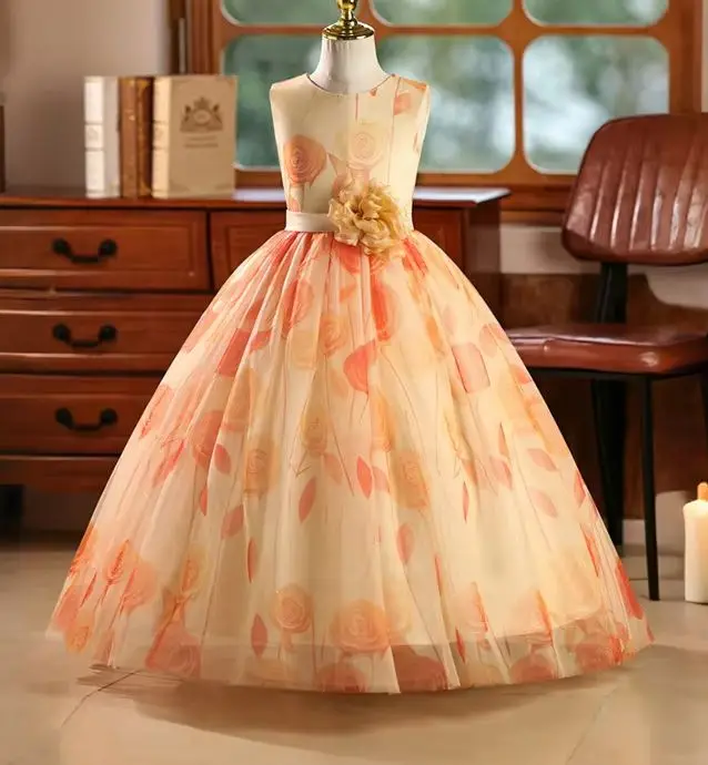 Floral Print Princess Long Dress Gown for Girls Party Wear 8-12 Years Girl's Elegant Special Occasion Fashionable Outfit