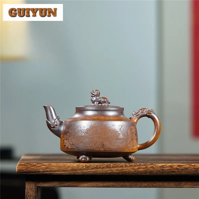 300ml Yixing Purple Clay Teapots Handmade Tripodia Pot Raw Ore High Temperature Wood-fired Mud Kettle With Filter Zisha Tea Set