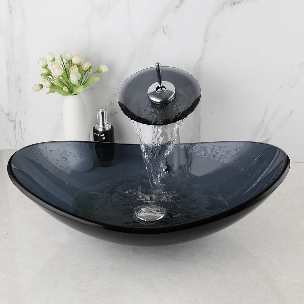 TORAYVINO Bathroom Basin Sink Faucet Matter Black Glass Vessel Vanity Basin Waterfall Two Hole Single Handle Faucet Mixer