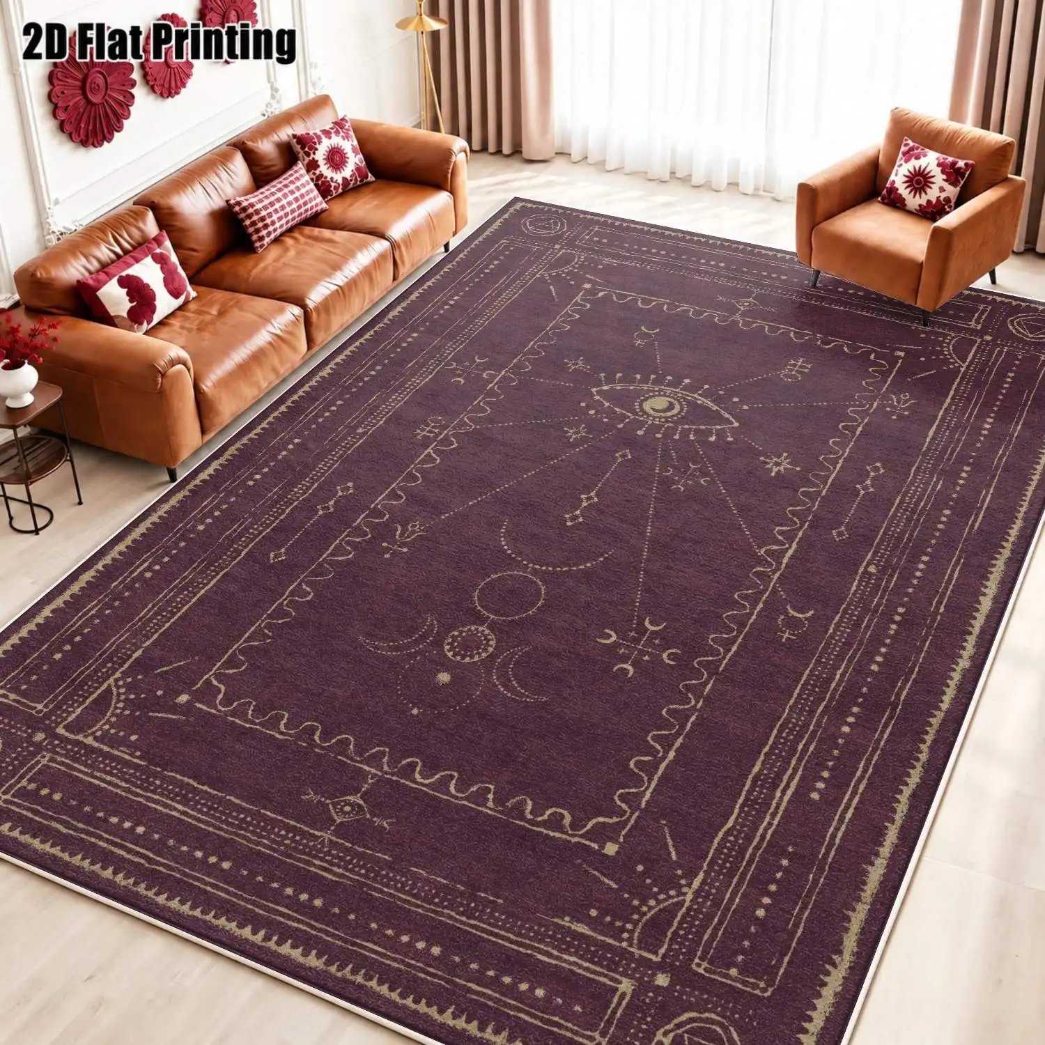 1Pc 2D Printed Purple Velvet Carpet: Retro, European, Bohemian Style, Machine Washable, Multi-Size, Home Decor, Multi-Scenario Use