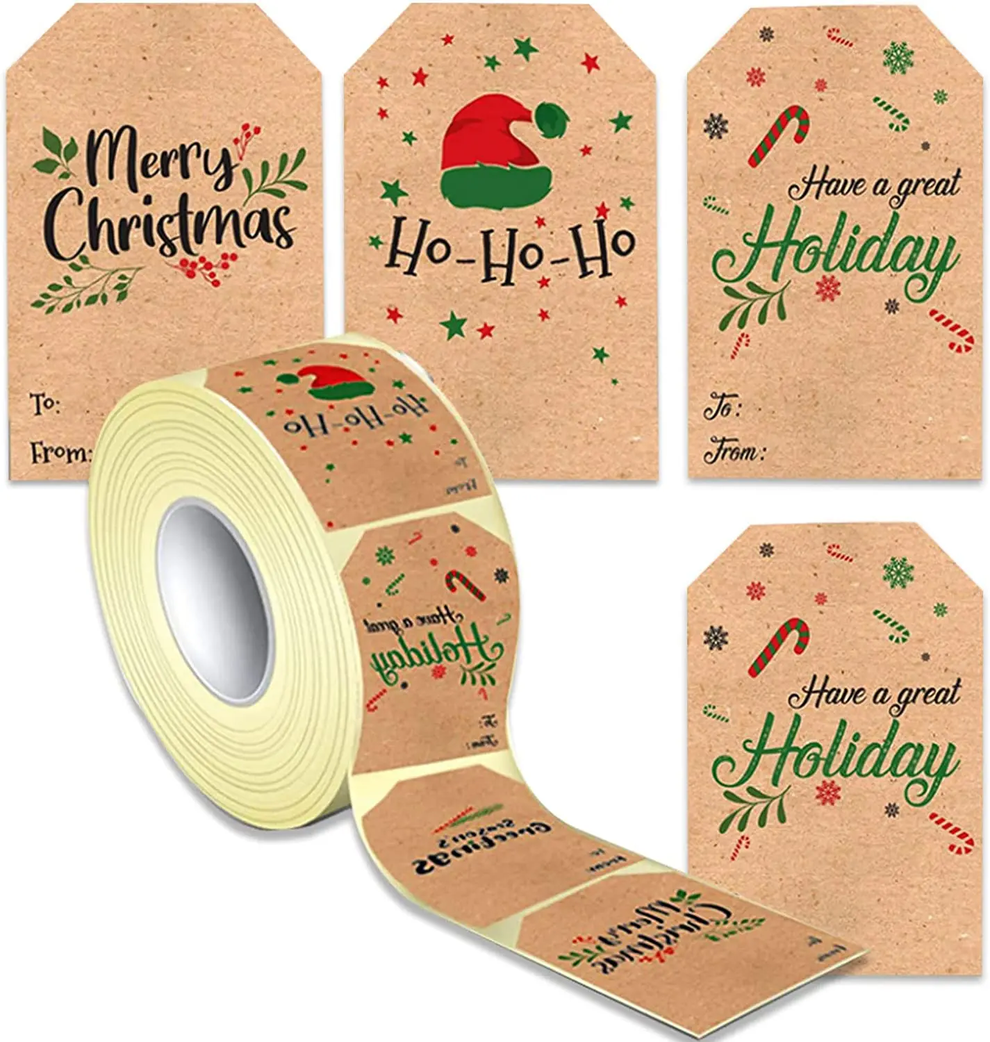 300Pcs Kraft Christmas Stickers, Personalized Self-Adhesive Christmas Stickers with 4 Styles in One Roll, Christmas Gift Tags Ho