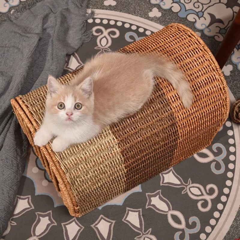 Portable Handwoven Rattan Cat Carriy Breathable Comfor Cat Basket Travel-Friendly Pet Carriy Outdoor Adventure Pet Bag