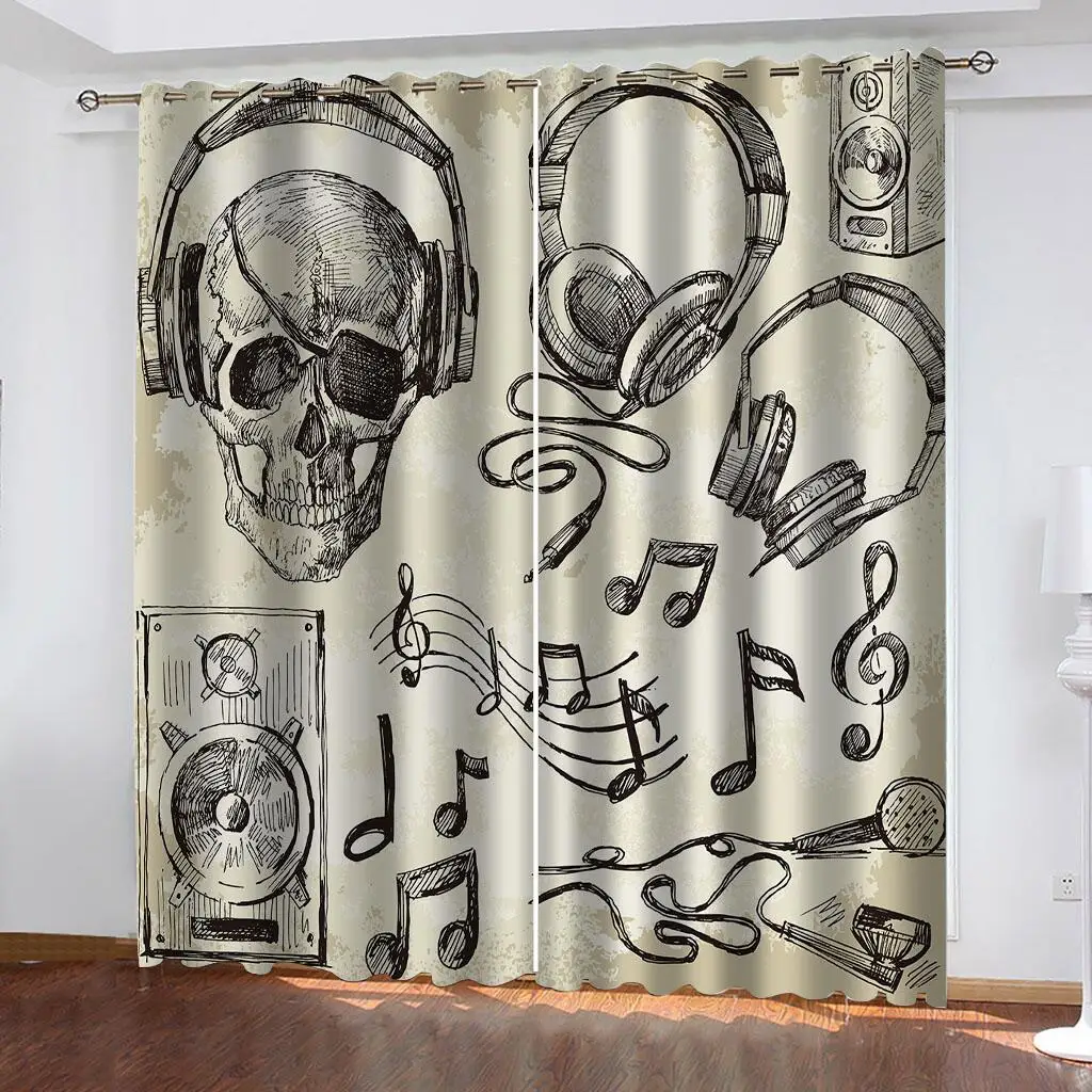 2Pcs Rock Music Theme Curtains Guitar Pattern Living Room Bedroom Decorative Curtains Vintage Style Sun Shade Drapes