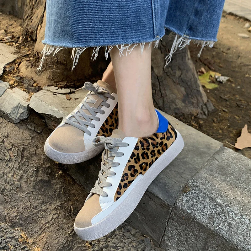 Phoentin Casual Leopard Round Toe Thick Bottom Sneakers Lace Up  Women Vulcanized Shoes low heels Making old dirty shoes FT2628