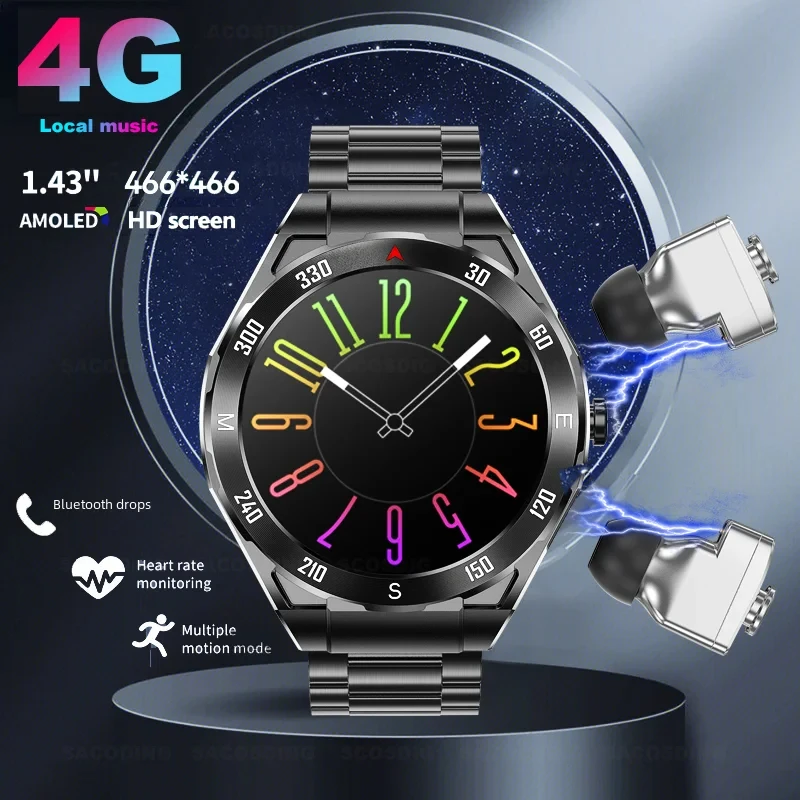 

2024 New AMOLED Smart Watches Men Women GPS Tracker 4GB Local Music Playback HD Recording 2 In1 Smartwatch For Android iOS Phone