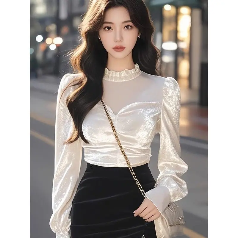 Velvet Long Sleeve Women's Shirt The Season New Autumn Base Layer French Style Special Small Top TT1241