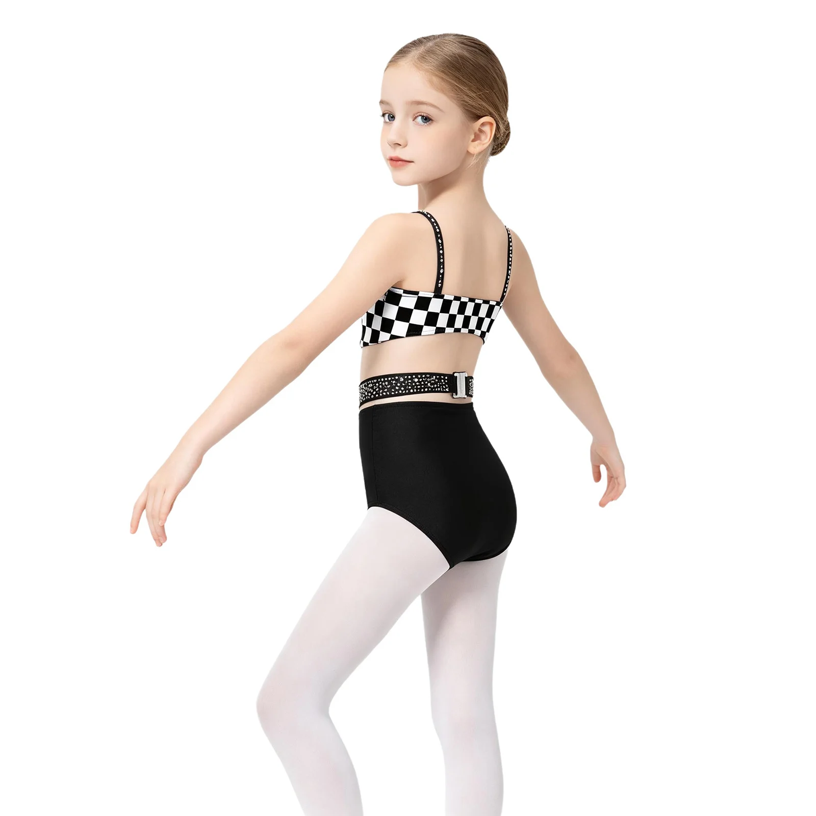 Kinder Mädchen Gymnastik- und Latein-Tanzanzüge, V-Ausschnitt Bodysuit mit Strass und Quasten, Dreieckiger Jumpsuit, Tanzkleidung – Detail 9
