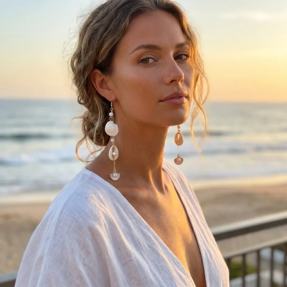 Bohemia Style Conch Shell Drop Earrings Handmade Resin Material Starfish Dangle Earrings Colorful Ocean Theme