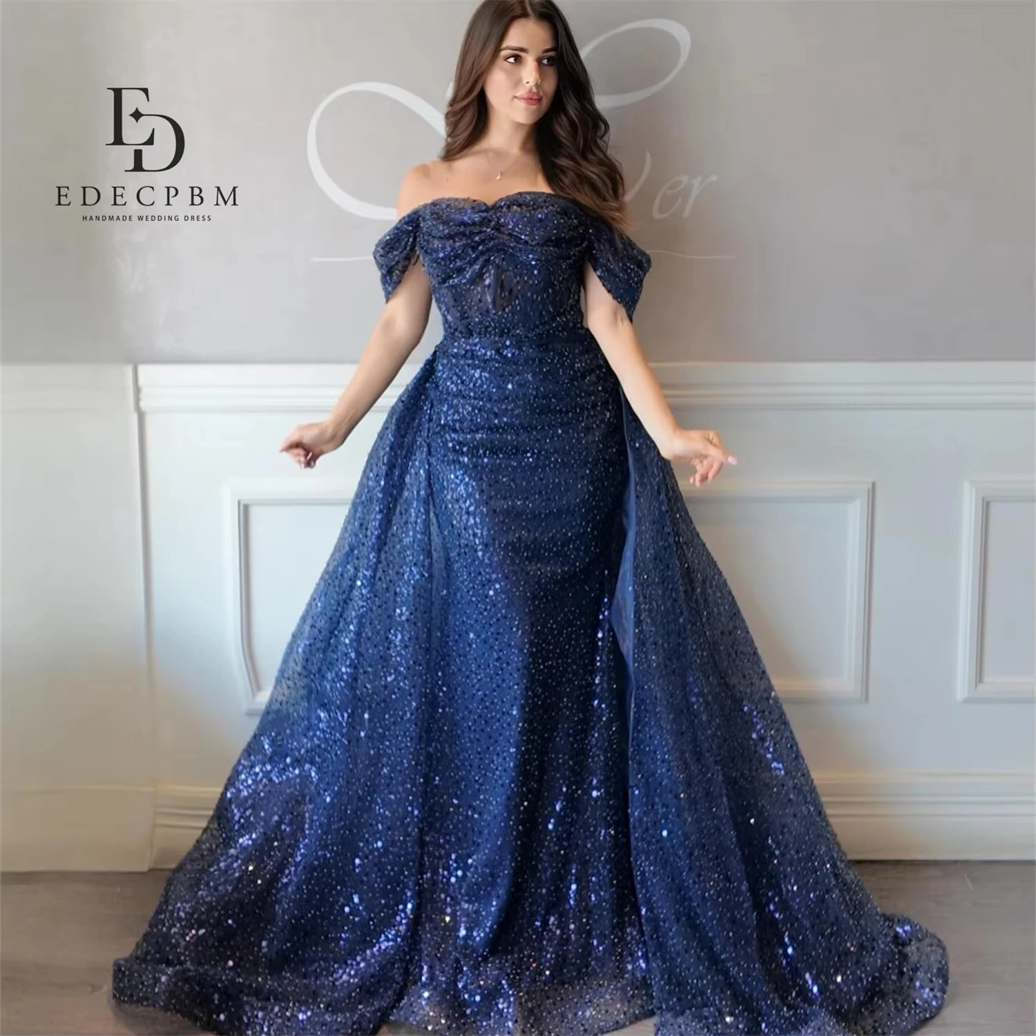 

EDECPBM فساتين سهرة Luxurious Evening Dresses 2025 Luxury Vestidos De Festa Navy Blue Women Evening Dress Bead Embroidery Tail