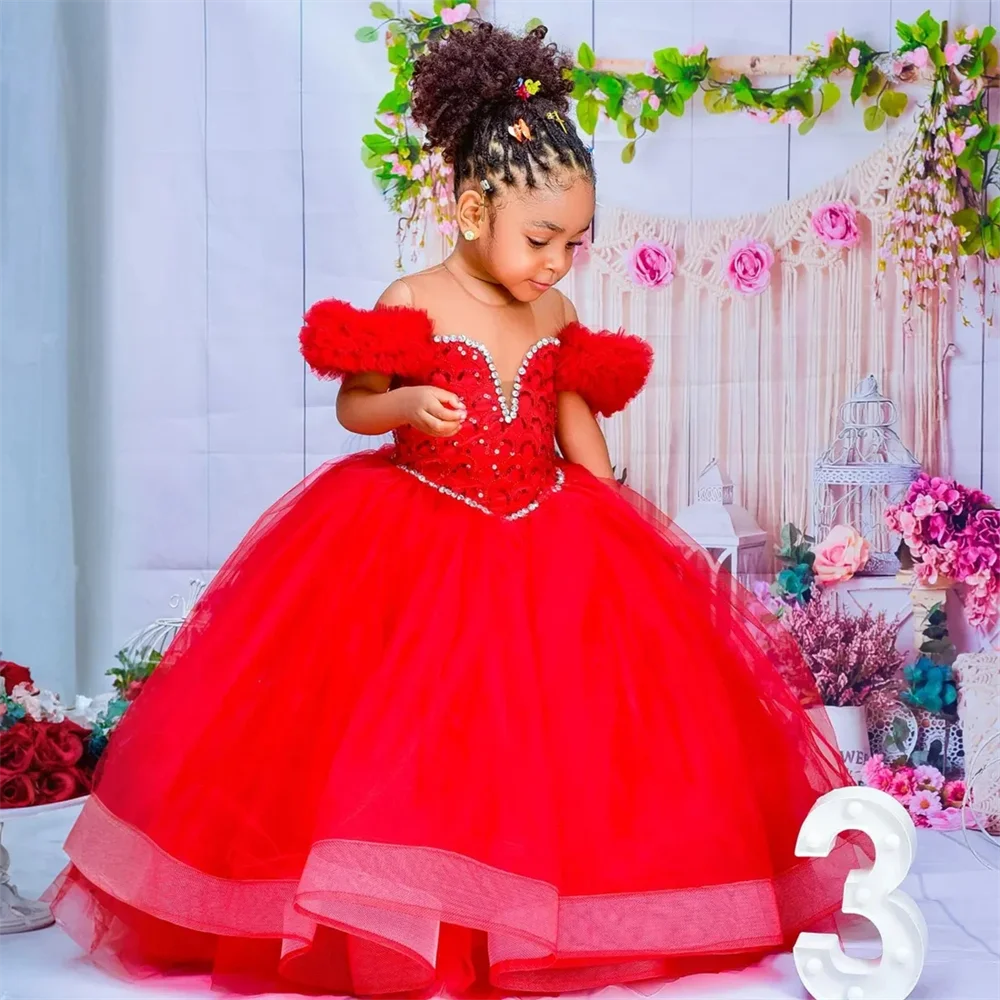 Flower Girl Dresses Red Kids Birthday Sheer Neck Pleated Ruffles Tiered Tulle Ball Gowns for Wedding