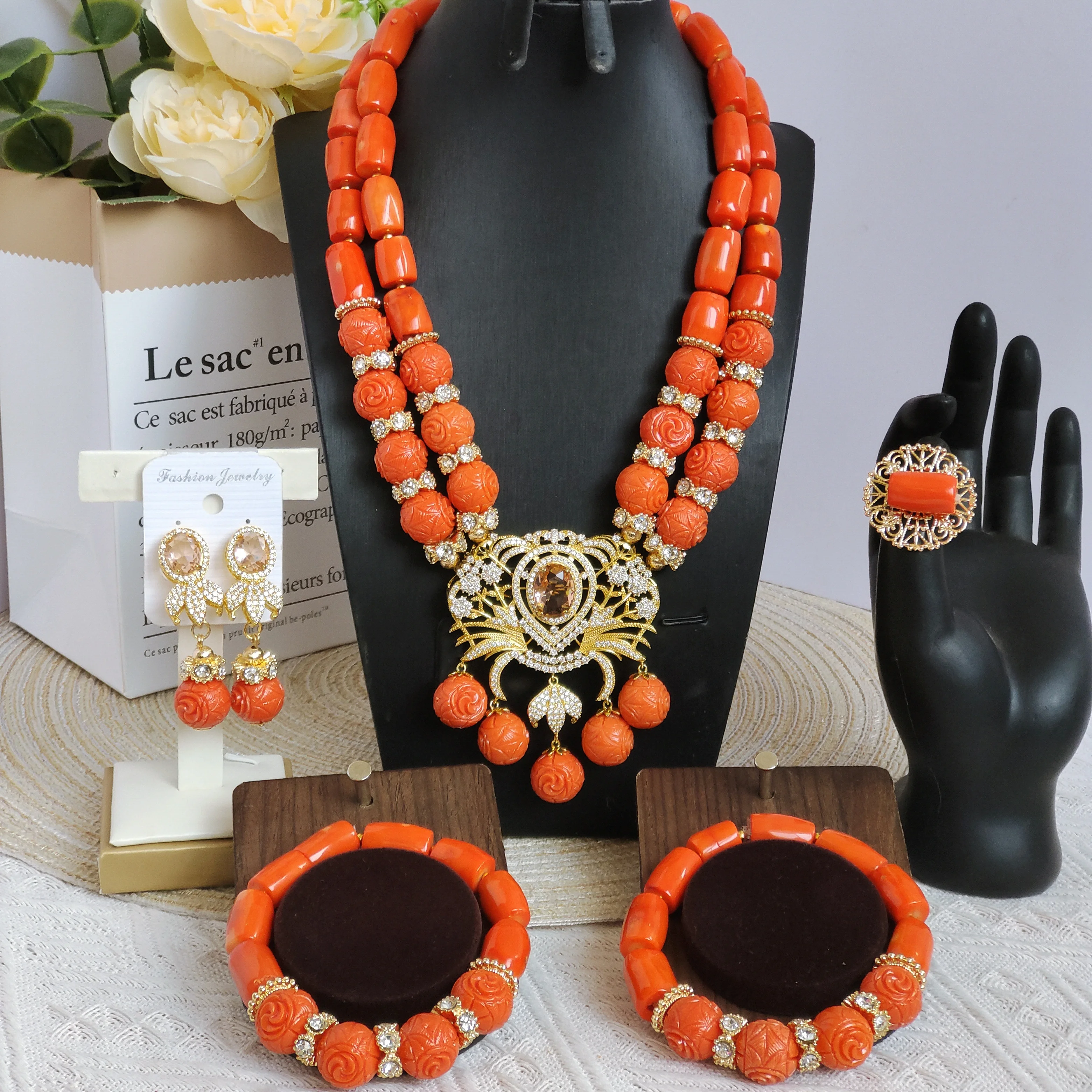 

Aczuv nigerian traditional wedding coral beads jewelry set for woman