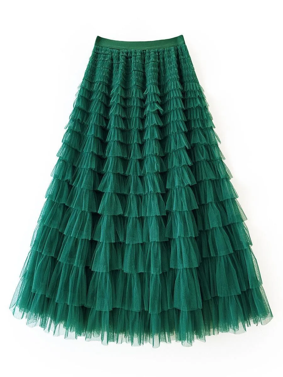 HOT Solid Multilayer Ruffle Mesh Skirt Women Boho High Waist Long Maxi Tulle Skirt Spring Summer Party Women's Clothing
