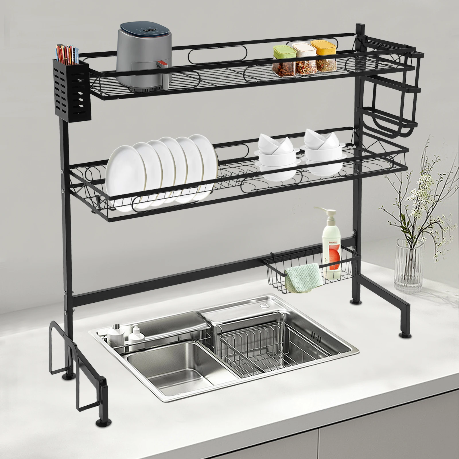 

2 Tiers Over Sink Dish Drying Rack with Large Capacity, Countertop Dishes Drainer with Suction Cup Dish Rack Shelf