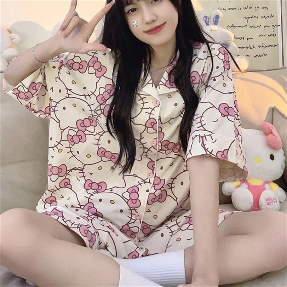 Sanrios Hello Kitty Short Section Ladies Pyjamas Set Pyjamas Women Summer Kawaii Cartoon Loose Pajamas Pajama Trousers Set