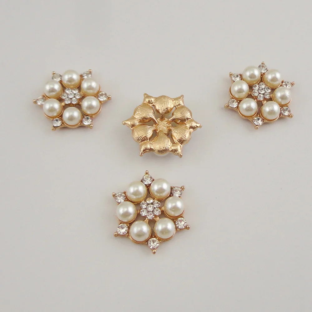 

5PCS 2.5cm Golden Alloy Flat Back Floral Buttons with Pearl Beads Crystal Center Metal Flower Charms for DIY Jewelry Ornaments