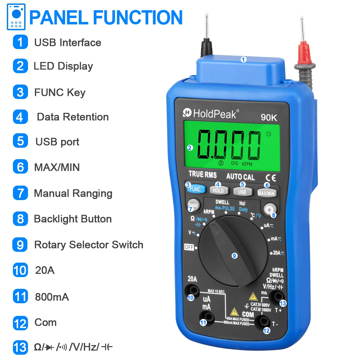 Tester analizatora silnika HoldPeak HP-90K Auto Range Car Diagnostic Tool z wyjściem danych przez USB Multimetr samochodowy Multimetro