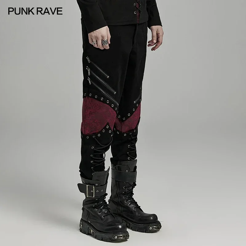 PUNK RAVE Men's Punk Buckle Loops Decorated Distressed Pants Drawstrings Trousers Streetwear Men Clothing Two Colors