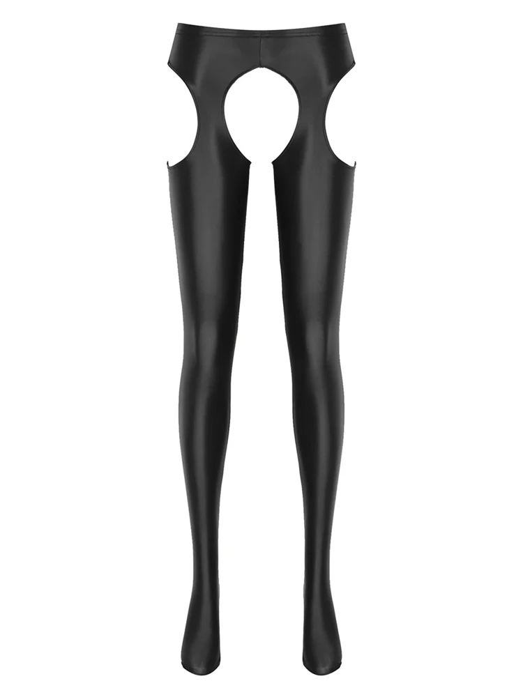 للجنسين Crotchless الجوف خارج جوارب طويلة للنساء الزيتية لامعة لون الحلوى طماق السلس مطاطا سراويل رياضية مثير مفتوحة المنشعب