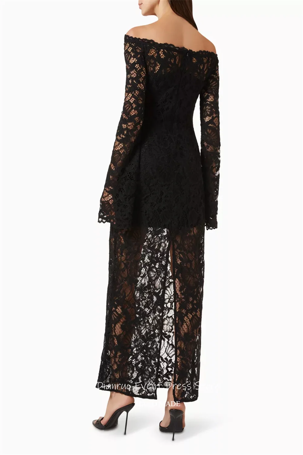 เดียนรู อิลลูชั่นชุดราตรีลูกไม้สีดำปิดไหล่แอพพลิเคชันเดรส เดอ โนเวียเซ็กซี่ยาวชุดโอกาสพิเศษที่กำหนดเอง