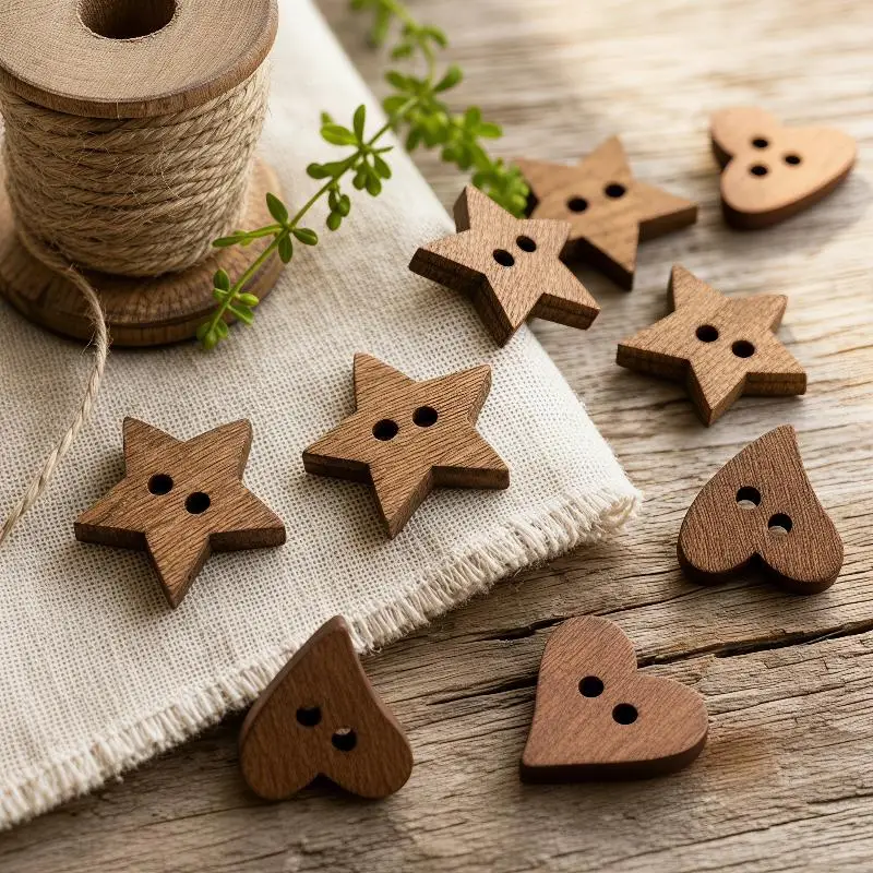 Eco-Friendly Wooden Sewing Buttons 2-Hole Heart Star Design 100pcs Set for Handmade Garment Scrapbooking