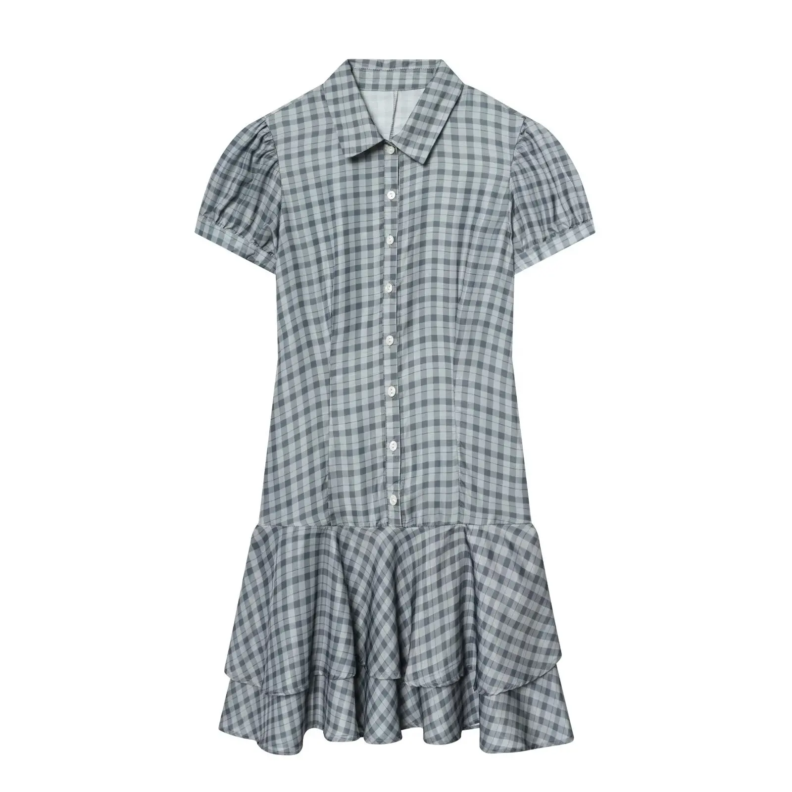 Women's Fashion Plaid Short Sleeve Dress Grey Plaid Short Sleeve Shirt Dress Puff Sleeve Button Down Ruffle Casual Dress QDKO