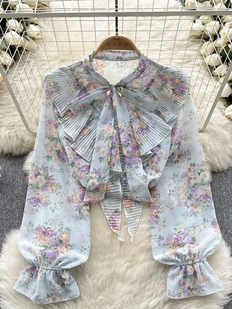 Women Spring Blouse Sweetheart Bow Collar Shirt Heavy Work Pleated Ruffle Edge Slim Fit French Style Bubble Sleeve Top D5846