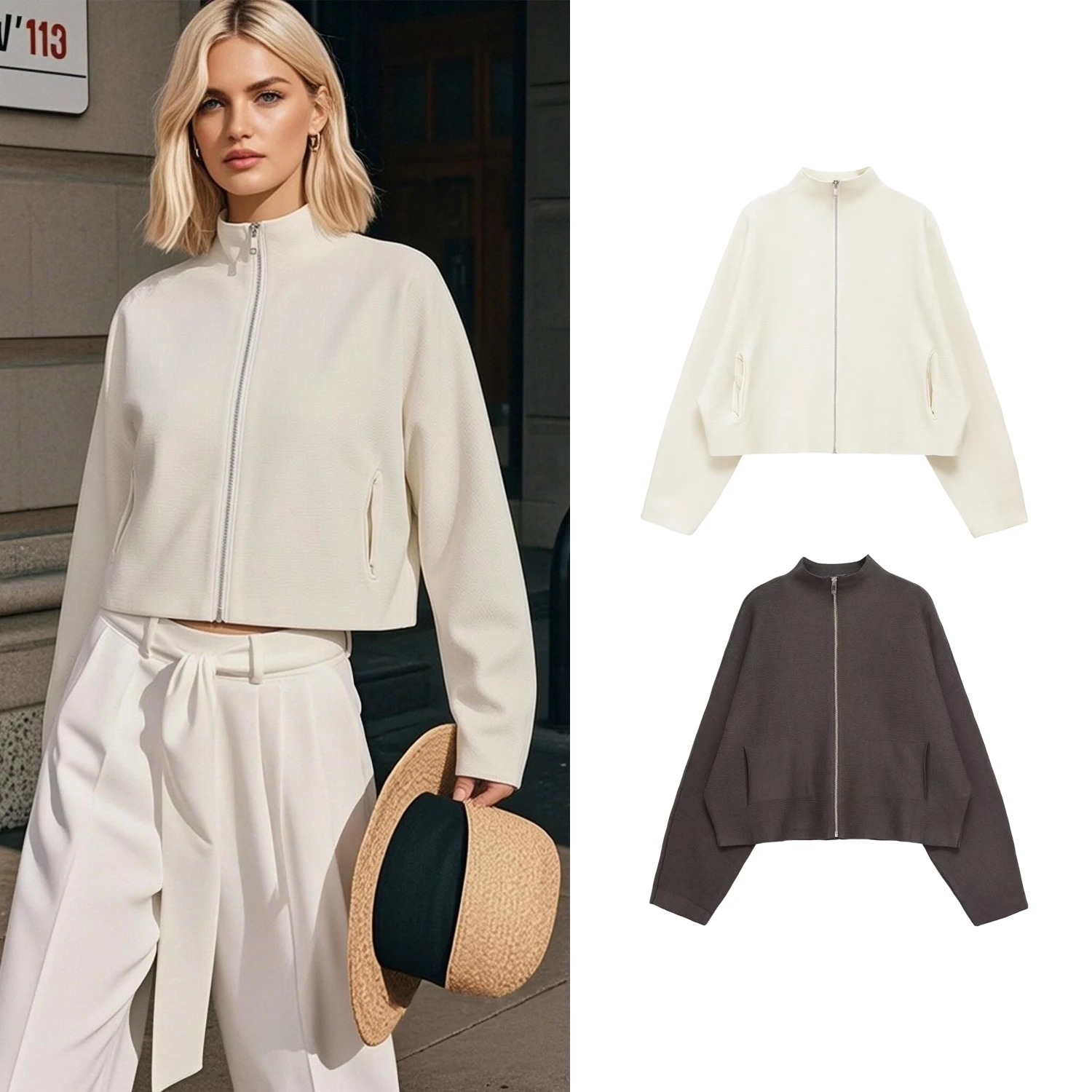 

Women's Knitted Cardigan Spring Female Batwing Sleeve Vintage Stand Collar Cropped Jackets Lady Zipper Loose Short Coats