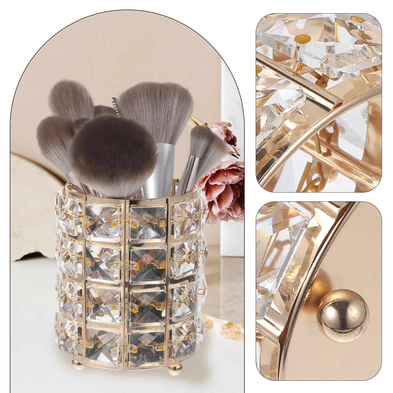 

1Pcs Crystal Makeup Brush Holder Golden Desktop Organizer Pen Storage Container Stable Compact for Office Home
