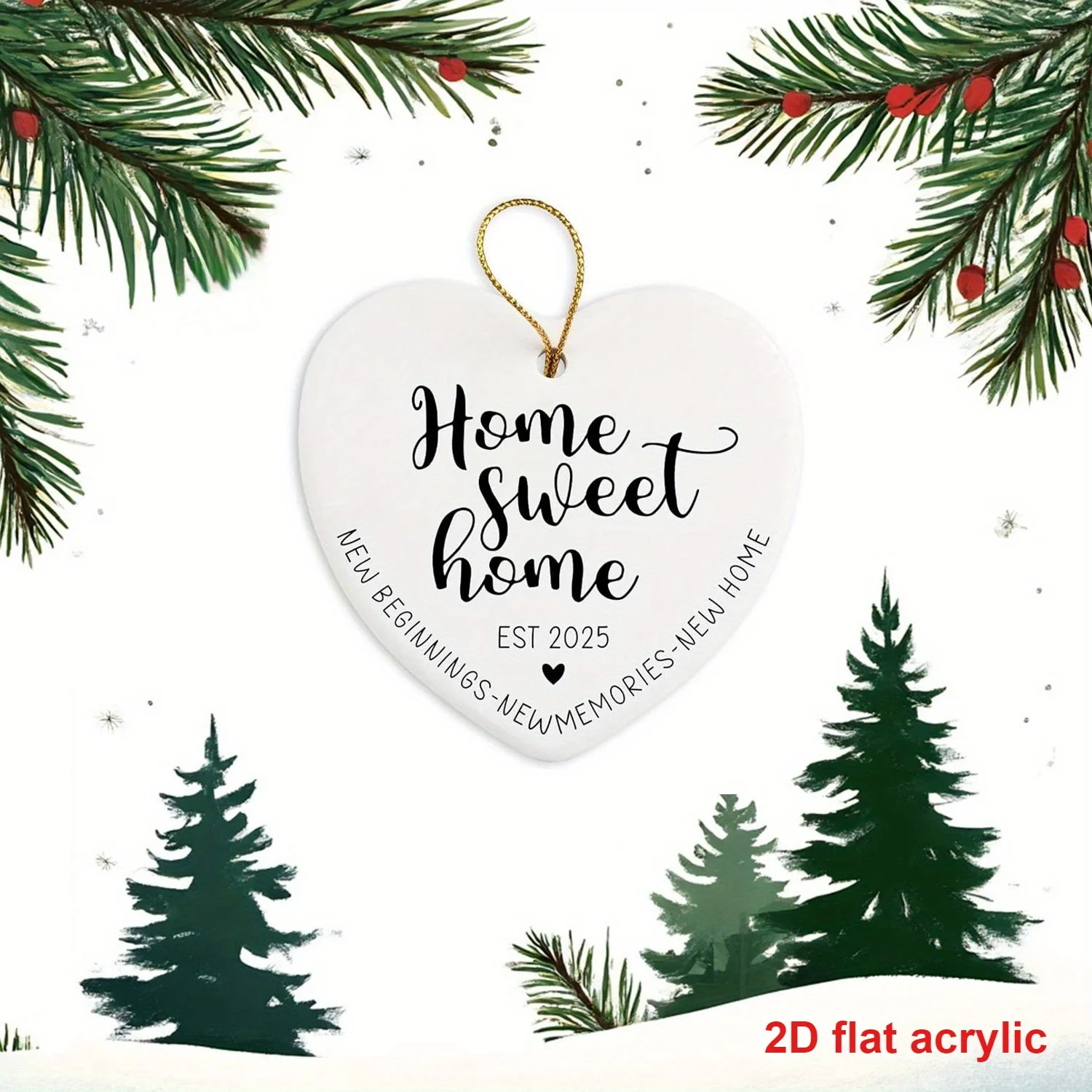

Плоский 2D-дизайн, 1, акриловое украшение в форме сердца — 3,35x3,15 дюйма, дизайн «Счастливый дом», с сосни и снежинками