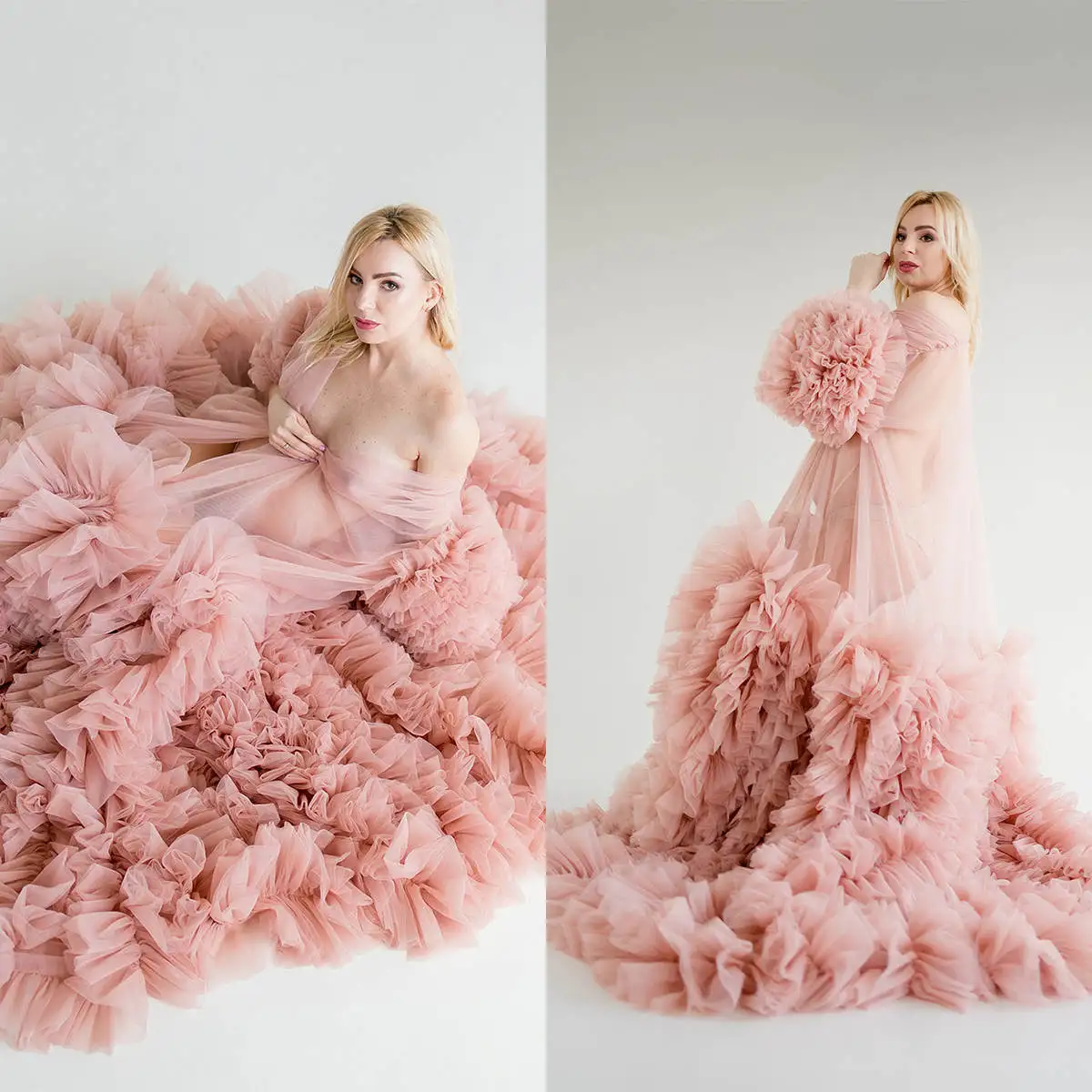 

Pink Tulle Pregnant Women Photo Shoot Robes Tiered Ruffles Puffy Maternity Robes Women Dress Baby Shower Gowns Custom Made