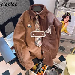 Neploe Elegant Vintage Dog Embroidery Plaid Tie Blouses Autumn Winter Corduroy Tops Mujer Y2k Long Sleeve Loose Shirt for Women