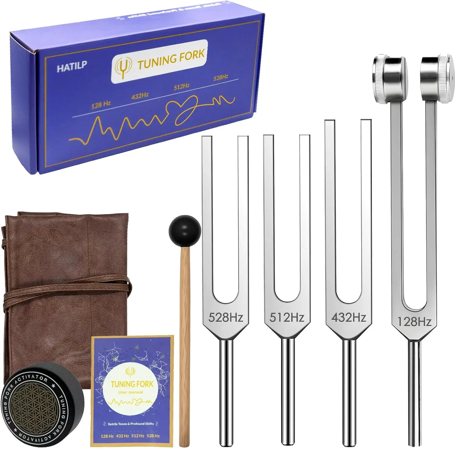 

Tuning Fork Set - 128Hz 432Hz 512Hz 528Hz Weighted & Unweighted with Activator, Mallet & Pouch for Yoga Meditation Chakra Gift