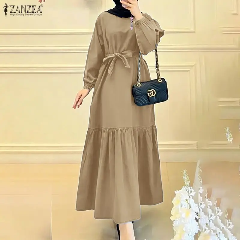

ZANZEA Women's Muslim Modest Maxi Dresses False-Denim Long Sleeve Tied Waist Ruffled Hem Woman Dress Islamic Hijabs Abaya Robes