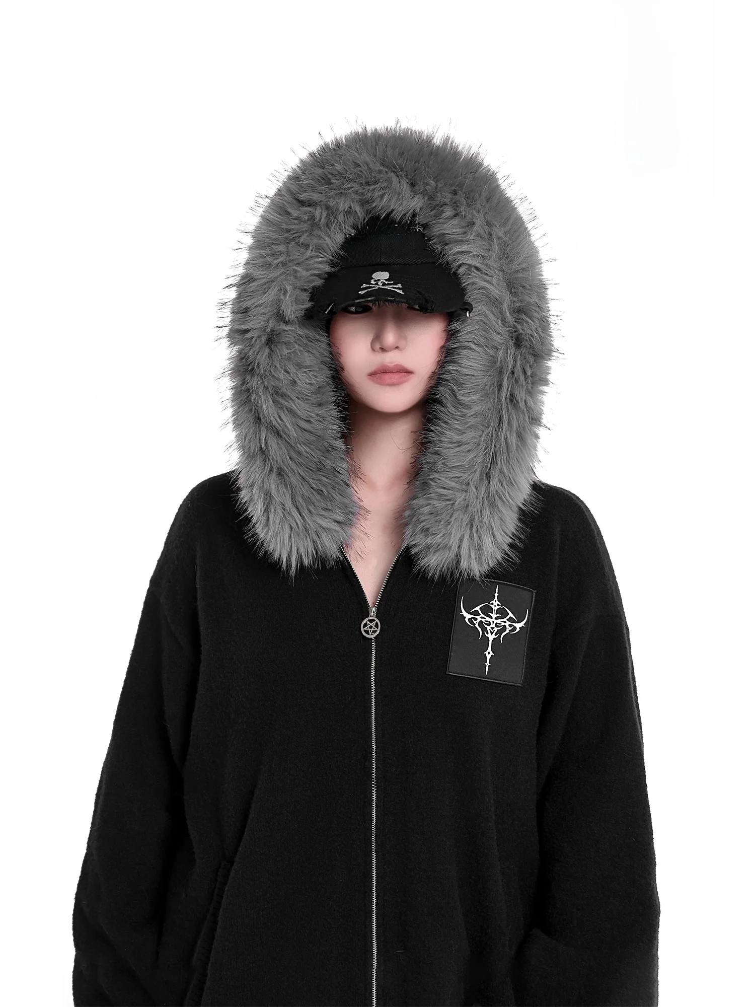 

Оригинальный мягкий свитер на молнии с воротником из искусственного меха, пальто с капюшоном в готическом стиле Cross Street Sle, свободный крой, длинный све, теплая осень-зима